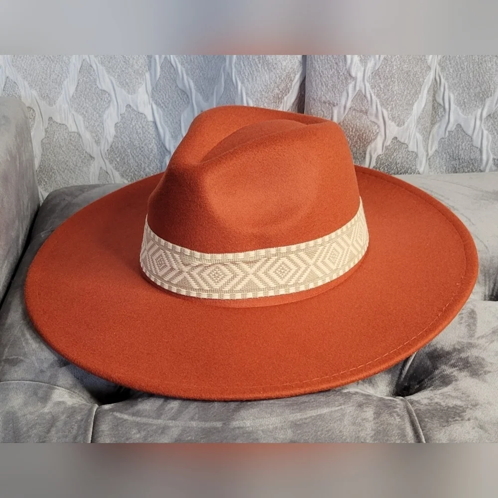 Fedora Hat | Wide Brim | Rust | Aztec Accents - Picture 3 of 3